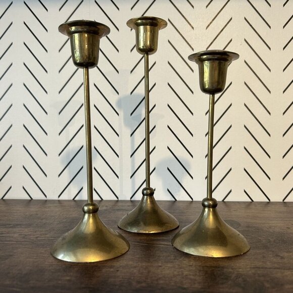 Vintage Set of 3 Brass Candlestick Holders Art Deco Revival Glam Home Decor MCM - Picture 6 of 10